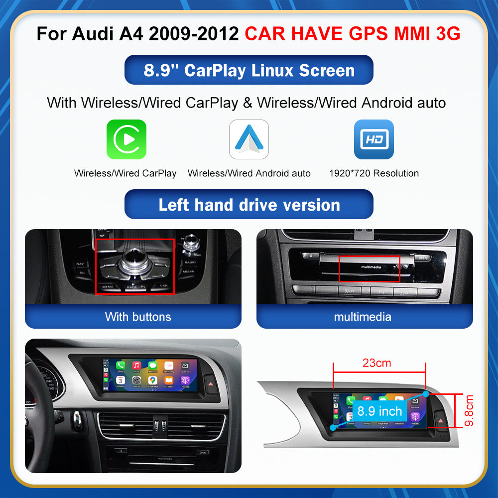 CarProKit 8.9" 12.3" Wireless CarPlay Android Auto Retrofit Linux Touch Screen for Audi A4 Multimedia Symphony Concert Radio 2009-2012