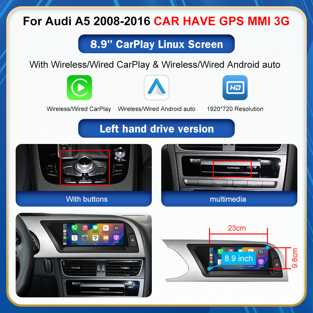 CarProKit 8.9" 12.3" Wireless CarPlay Android Auto Retrofit Linux Touch Screen for Audi A5 Multimedia Symphony Concert Radio 2008-2016