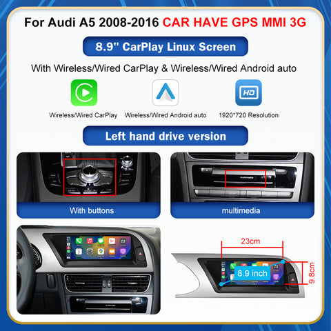 CarProKit 8.9" 12.3" Wireless CarPlay Android Auto Retrofit Linux Touch Screen for Audi A5 Multimedia Symphony Concert Radio 2008-2016