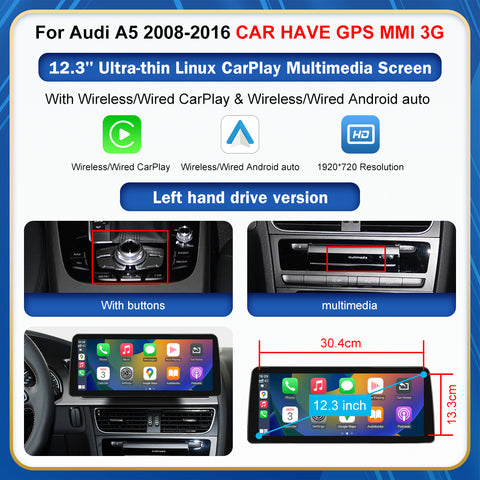 CarProKit 8.9" 12.3" Wireless CarPlay Android Auto Retrofit Linux Touch Screen for Audi A5 Multimedia Symphony Concert Radio 2008-2016