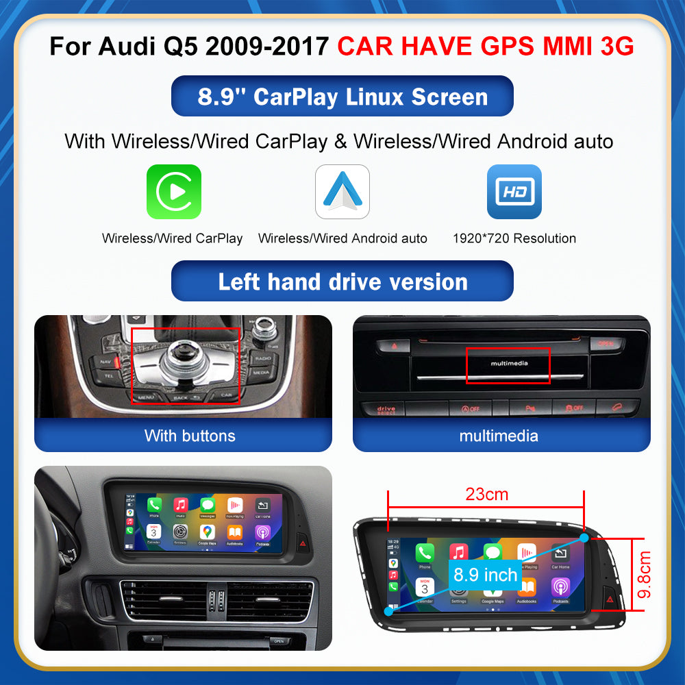 CarProKit 8.9" 12.3" Wireless CarPlay Android Auto Retrofit Linux Touch Screen for Audi Q5 Multimedia Symphony Concert Radio 2009-2017