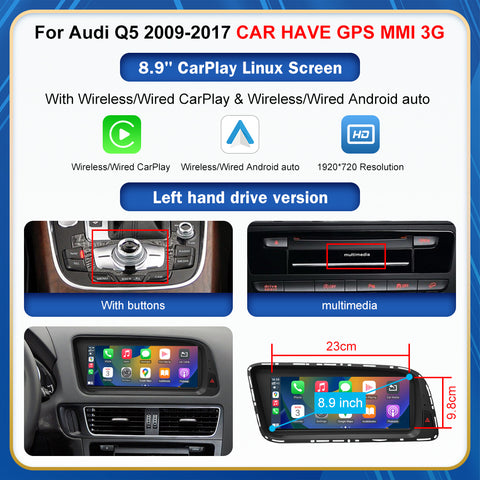 CarProKit 8.9" 12.3" Wireless CarPlay Android Auto Retrofit Linux Touch Screen for Audi Q5 Multimedia Symphony Concert Radio 2009-2017