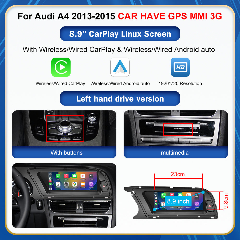 CarProKit 8.9" 12.3" Wireless CarPlay Android Auto Retrofit Linux Touch Screen for Audi A4 Multimedia Symphony Concert Radio 2013-2015