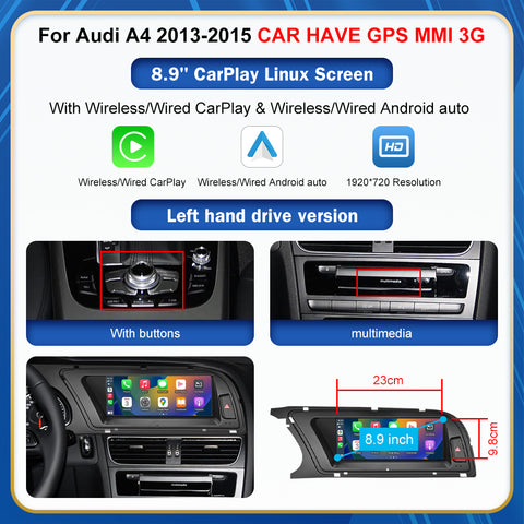 CarProKit 8.9" 12.3" Wireless CarPlay Android Auto Retrofit Linux Touch Screen for Audi A4 Multimedia Symphony Concert Radio 2013-2015