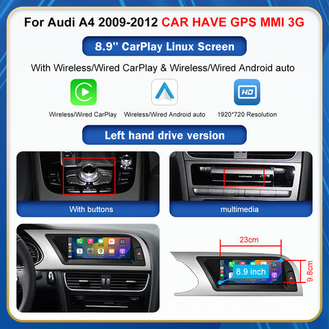 CarProKit 8.9" 12.3" Wireless CarPlay Android Auto Retrofit Linux Touch Screen for Audi A4 Multimedia Symphony Concert Radio 2009-2012