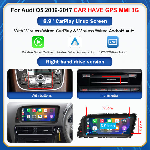 CarProKit 8.9" 12.3" Wireless CarPlay Android Auto Retrofit Linux Touch Screen for Audi Q5 Multimedia Symphony Concert Radio 2009-2017
