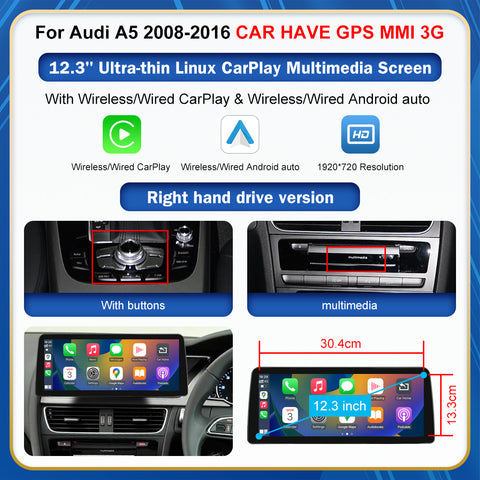 CarProKit 8.9" 12.3" Wireless CarPlay Android Auto Retrofit Linux Touch Screen for Audi A5 Multimedia Symphony Concert Radio 2008-2016
