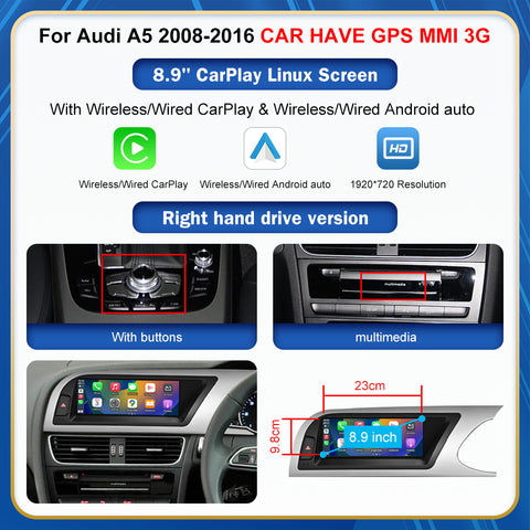 CarProKit 8.9" 12.3" Wireless CarPlay Android Auto Retrofit Linux Touch Screen for Audi A5 Multimedia Symphony Concert Radio 2008-2016