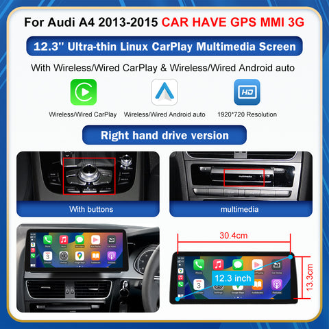 CarProKit 8.9" 12.3" Wireless CarPlay Android Auto Retrofit Linux Touch Screen for Audi A4 Multimedia Symphony Concert Radio 2013-2015