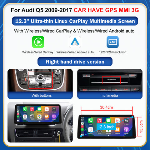 CarProKit 8.9" 12.3" Wireless CarPlay Android Auto Retrofit Linux Touch Screen for Audi Q5 Multimedia Symphony Concert Radio 2009-2017