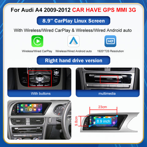 CarProKit 8.9" 12.3" Wireless CarPlay Android Auto Retrofit Linux Touch Screen for Audi A4 Multimedia Symphony Concert Radio 2009-2012