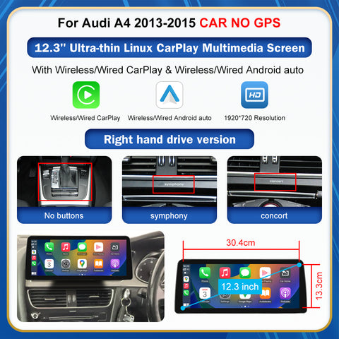 CarProKit 8.9" 12.3" Wireless CarPlay Android Auto Retrofit Linux Touch Screen for Audi A4 Multimedia Symphony Concert Radio 2013-2015