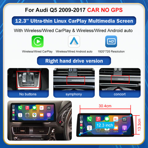 CarProKit 8.9" 12.3" Wireless CarPlay Android Auto Retrofit Linux Touch Screen for Audi Q5 Multimedia Symphony Concert Radio 2009-2017