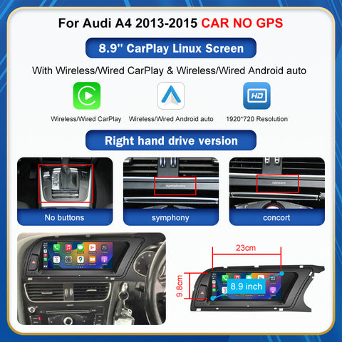 CarProKit 8.9" 12.3" Wireless CarPlay Android Auto Retrofit Linux Touch Screen for Audi A4 Multimedia Symphony Concert Radio 2013-2015