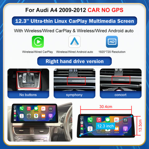 CarProKit 8.9" 12.3" Wireless CarPlay Android Auto Retrofit Linux Touch Screen for Audi A4 Multimedia Symphony Concert Radio 2009-2012