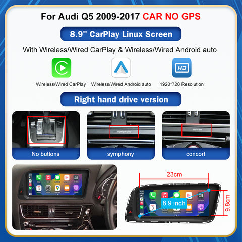 CarProKit 8.9" 12.3" Wireless CarPlay Android Auto Retrofit Linux Touch Screen for Audi Q5 Multimedia Symphony Concert Radio 2009-2017