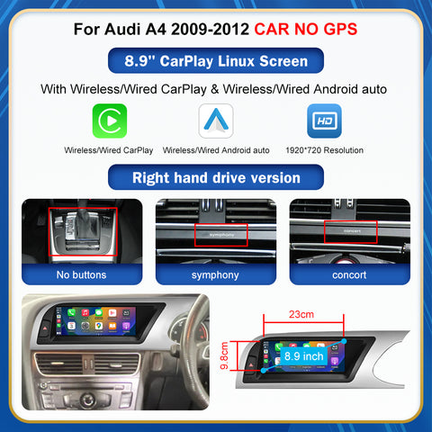 CarProKit 8.9" 12.3" Wireless CarPlay Android Auto Retrofit Linux Touch Screen for Audi A4 Multimedia Symphony Concert Radio 2009-2012