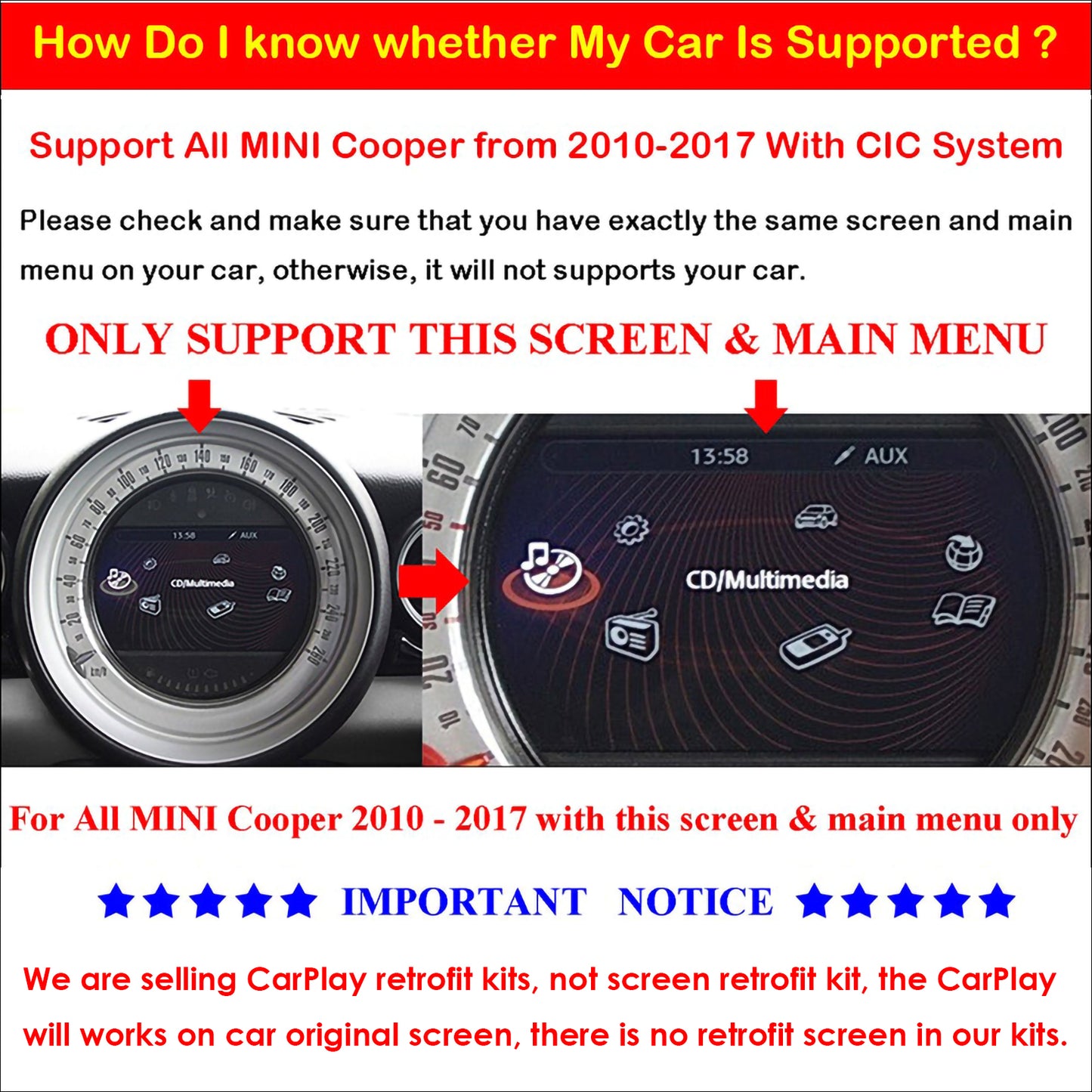 CarProKit Wireless CarPlay Android Auto AirPlay USB Mirroring Retrofit Kit for Mini Cooper F54 F55 F56 F57 R58 R59 R60 R61 with CIC System 2010-2017