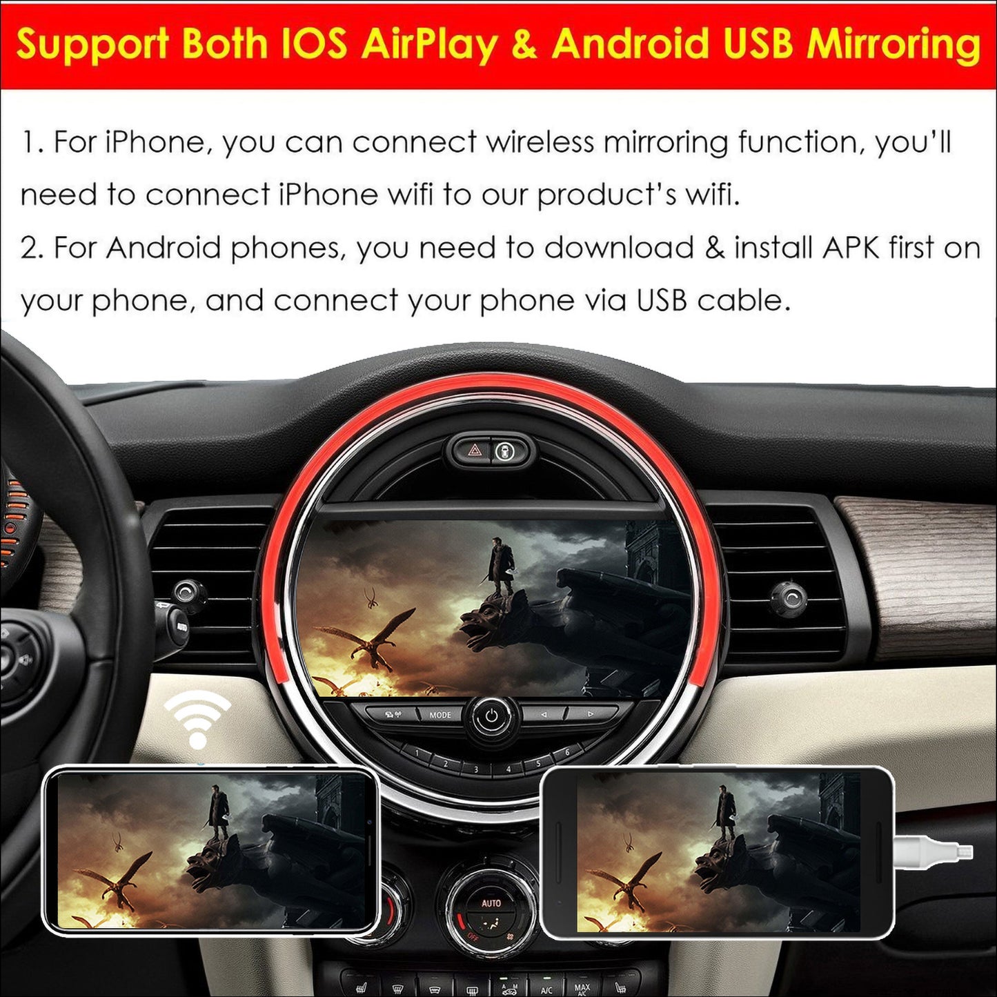 CarProKit Wireless CarPlay Android Auto AirPlay USB Mirroring Nachrüstsatz für Mini Cooper F54 F55 F56 F57 R58 R59 R60 R61 mit NBT-System 2014–2018 